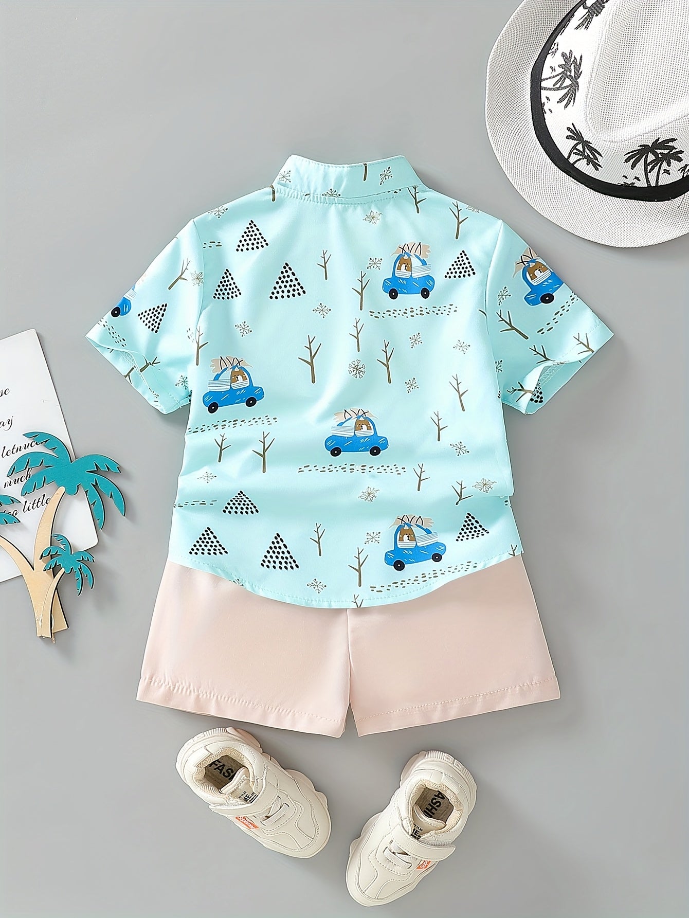 Summer Attire for Young Boys: A Two-Piece Beach Featuring a Button-Up Shirt with Cartoon Car Design And Plain Shorts, for Outdoor