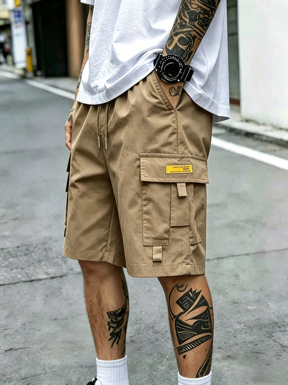 3PcsMen's Gray Cargo Shorts Drawstring Waist Loose Fit Multi-Pocket Lightweight Summer Casual Shorts, Men's Streetwear Outdoor Daily Bottoms