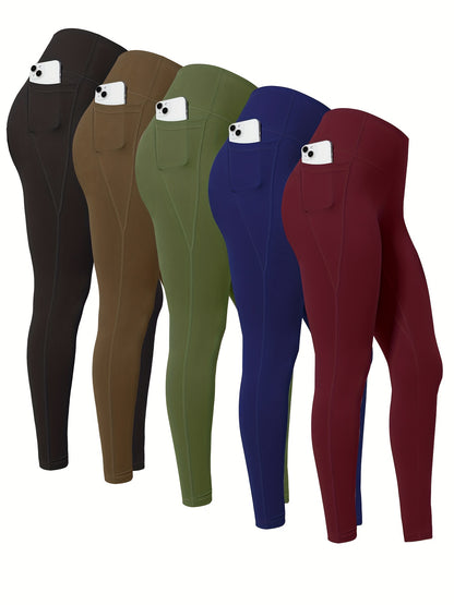 5pcs Women' High Waisted Cropped Leggings with Pockets - Full-Length Suitable for & Casual Attire, Non-Sheer Tummy Pants, Machine Washable Stretchy Base Layer for,, Layering (Year-Round)