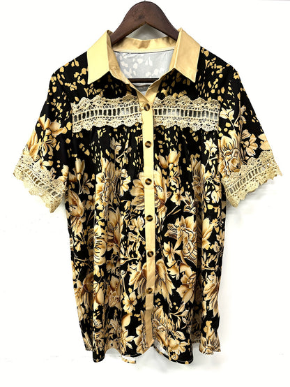 Plus Size - Plus Size - Women Short Sleeve V-Neck Lace Stitching Hollow Floral Print Top
