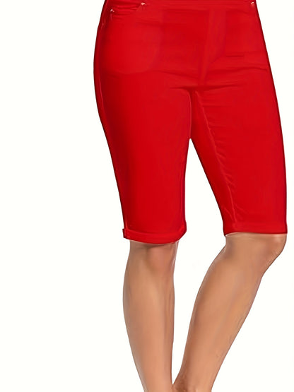 Women's Stretchy Pull On Bermuda Shorts High Waist Office to Vacation Pants, Non See Through Fabric, Machine Washable with 5 Pockets & Cuffed Hem for Everyday, Formal Events Elegant Casual All Season Shorts