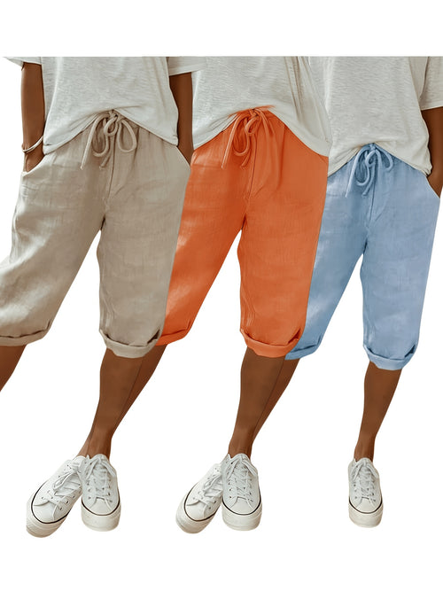 Three-Piece Contract for Summer Laziness! Boyfriend Wind Capri Pants Set, Refreshing And, Drawstring Waist + Curled Trousers + Pockets, from Home to Beach, a Set Unlocks a Casual Holiday Feeling.