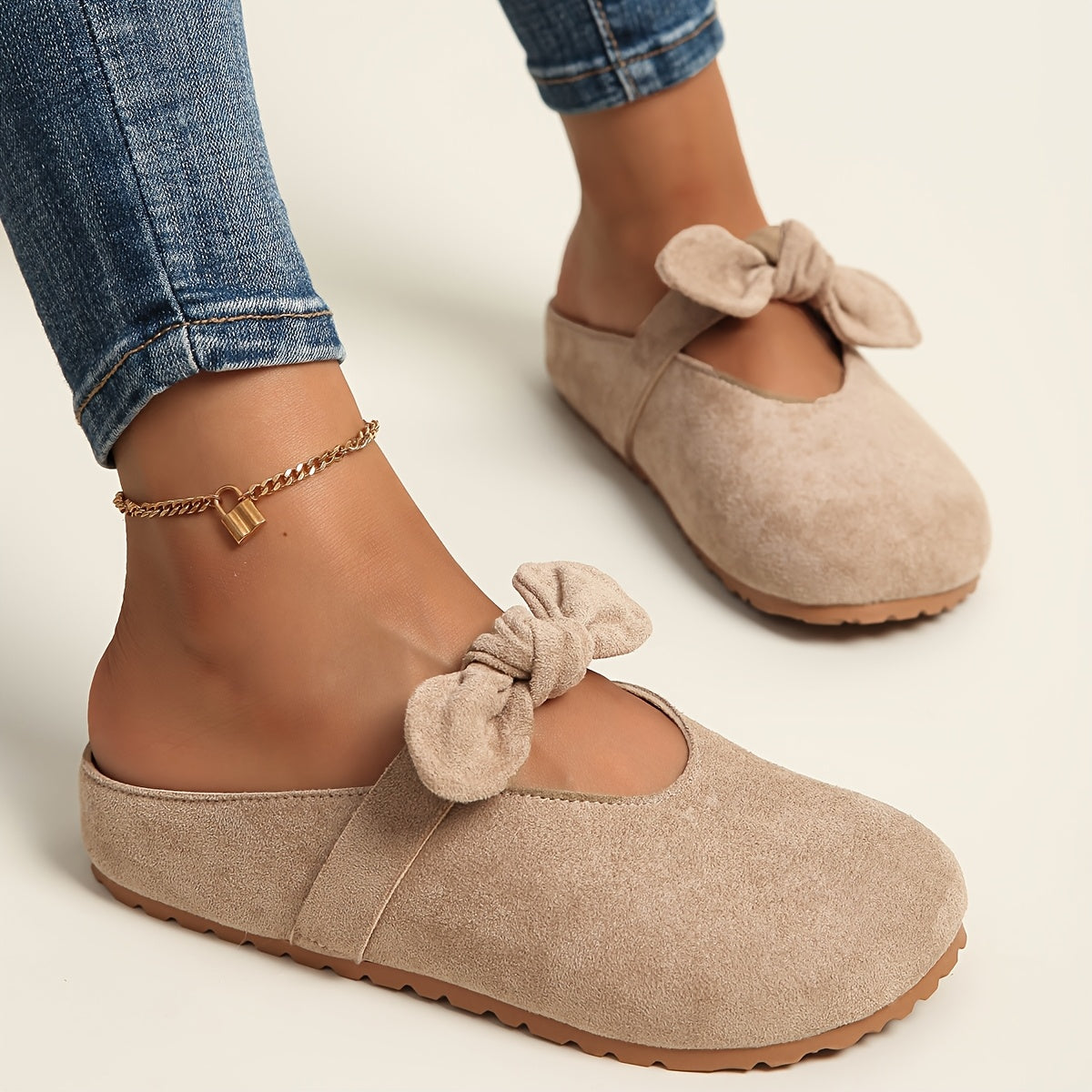 [Slip-On Mules Bow Detail] Women's Slip-On Mules with Thick Cushioned Soles And Bow Detail - Soft Fabric Upper, Breathable PU Lining, Sole - All-Season Comfort for Casual And Formal Wear (Beige/Yellow/Pink) - Extended Sizes Available, Mule Shoes, Comforta