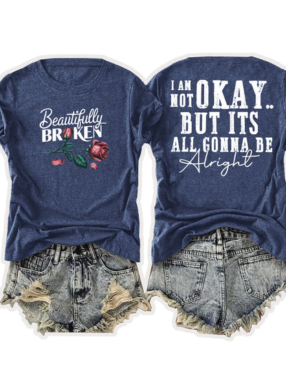 Ladies' European-Style Round Neck Short Sleeve T-Shirt for Summer, Lightweight and Breathable, Front and Back with Stylish Floral Prints and 'Beautifully Broken' Text, Perfect Comfort Fit for Daily Wear, A Versatile and Chic Choice for Laid-Back