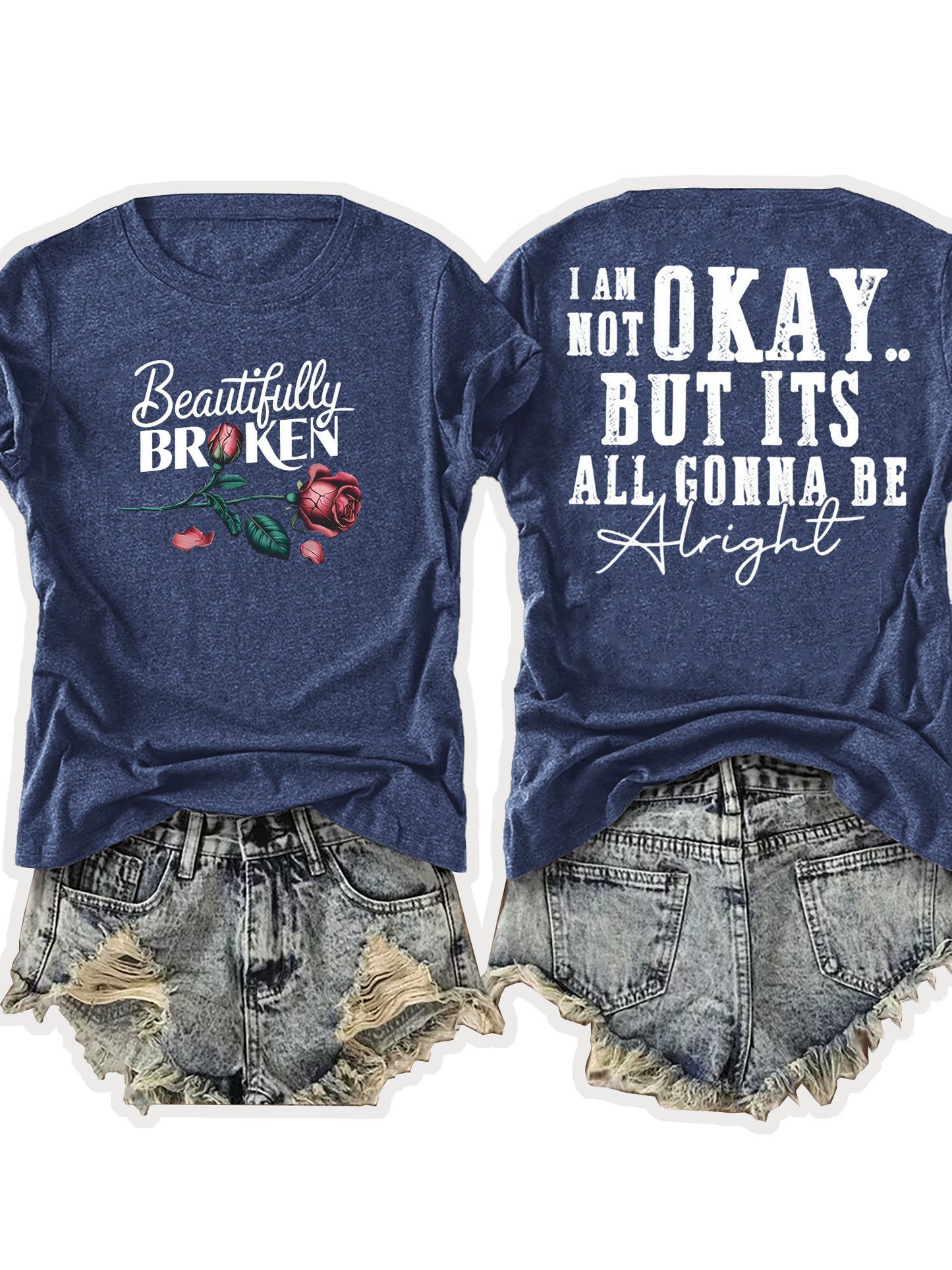 Ladies' European-Style Round Neck Short Sleeve T-Shirt for Summer, Lightweight and Breathable, Front and Back with Stylish Floral Prints and 'Beautifully Broken' Text, Perfect Comfort Fit for Daily Wear, A Versatile and Chic Choice for Laid-Back