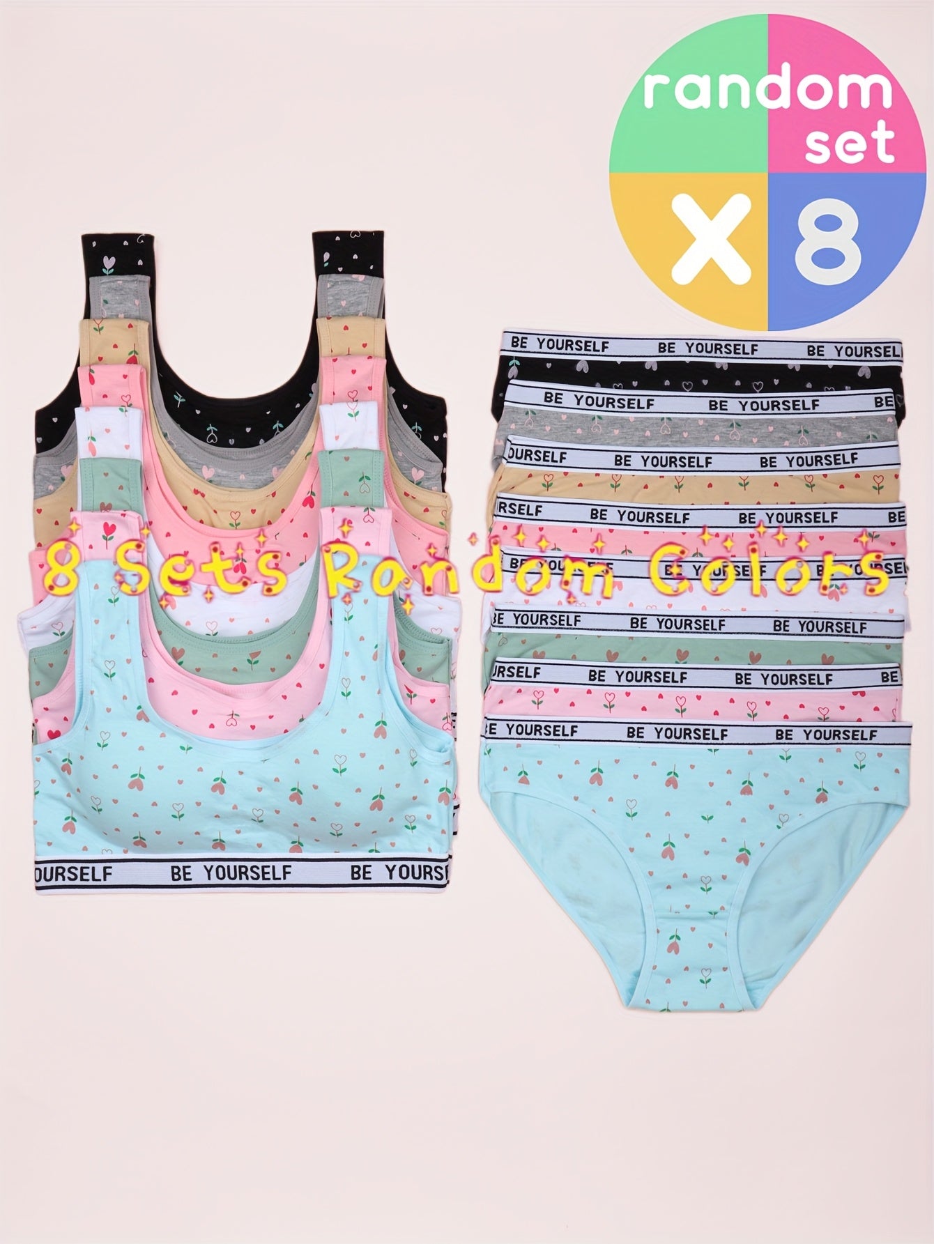 8 Set Bra Panties Set Comfy Breathable Underwear Set, Cute Heart Letter Print Training Set for 10-16, for Teenager, For Teenager