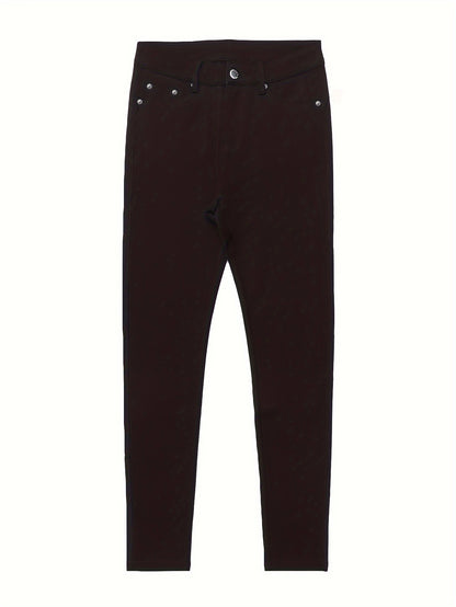 Women's High-Waisted Stretch Street Style Solid Black Skinny Fashion Metal Button Detail Casual Jeans