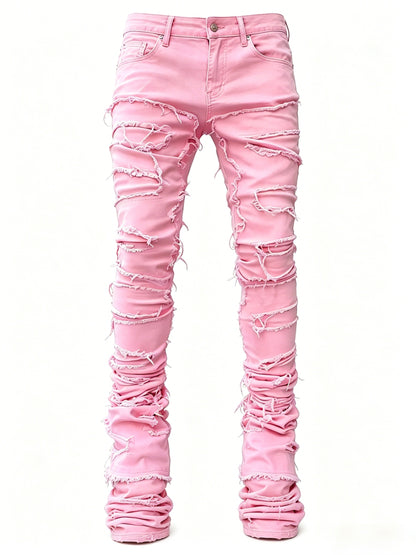 Men's Creative Tassel Decor Straight Fit Jeans, Men's Casual Mid-Rise Elastic Street Style Hip-Hop Skate Rap Jeans for All Seasons
