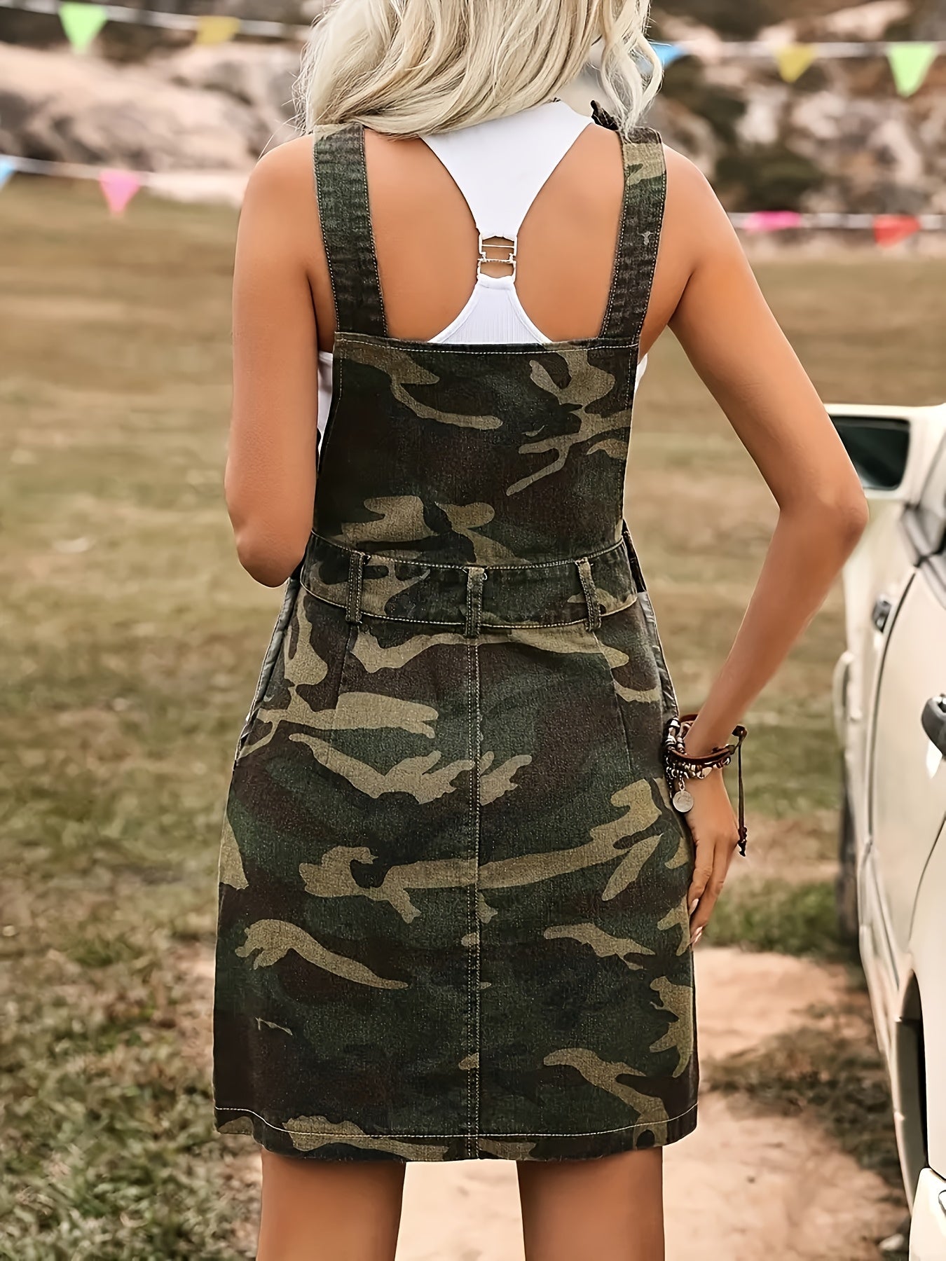 Women's Non-stretch Fashion Side Buttons Multi-color Washing Camouflage Casual Strap Half-body Denim Skirt
