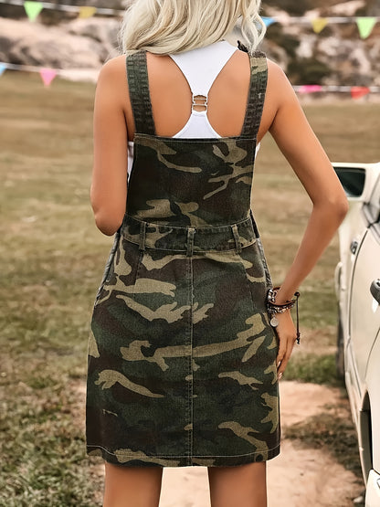 Women's Non-stretch Fashion Side Buttons Multi-color Washing Camouflage Casual Strap Half-body Denim Skirt