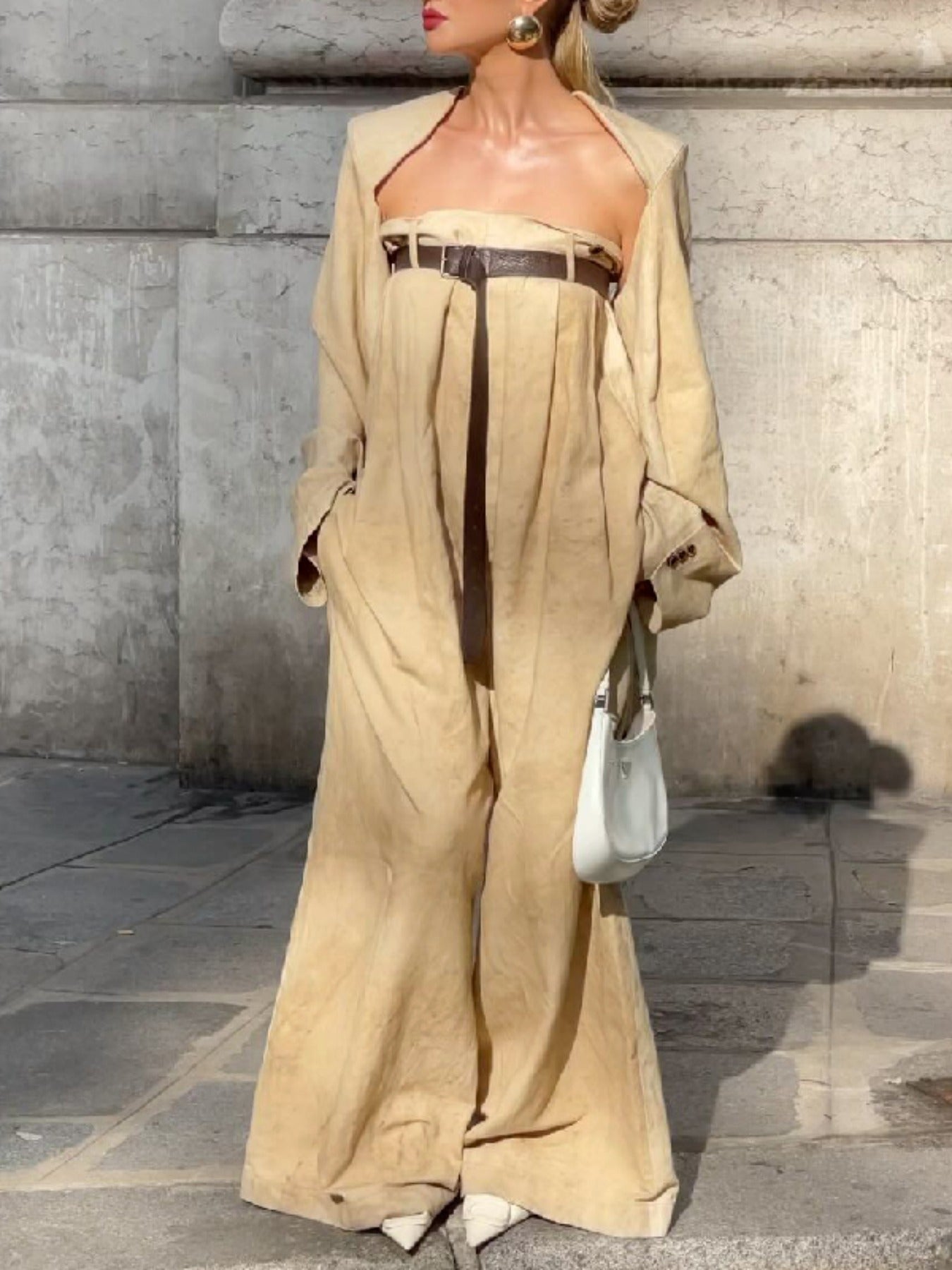 Alofi Women'S Stylish Jumpsuit Set Collarless Long Sleeve Outerwear And Strapless Wide Leg Jumpsuits Summer Loose Fit Suit
