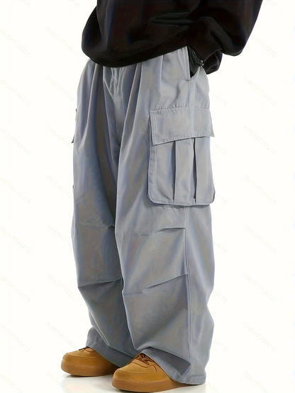 Men'S Plus Size Cargo Trousers - Casual Style for Spring And Autumn, Multi-Pocket Straight Leg Pants for All Seasons with Drawstring, Versatile Fashion, Wide Leg Design, Comfortable Casual Wear | Stylish Cargo Trousers | Comfortable Fit Pants