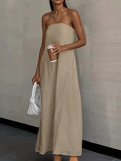 Linen Women's High-Waisted Strapless Backless Patchwork Pocket Dress Lightweight Casual Vacation Dress with Smooth Texture, Solid Color Long Dress for Spring Summer
