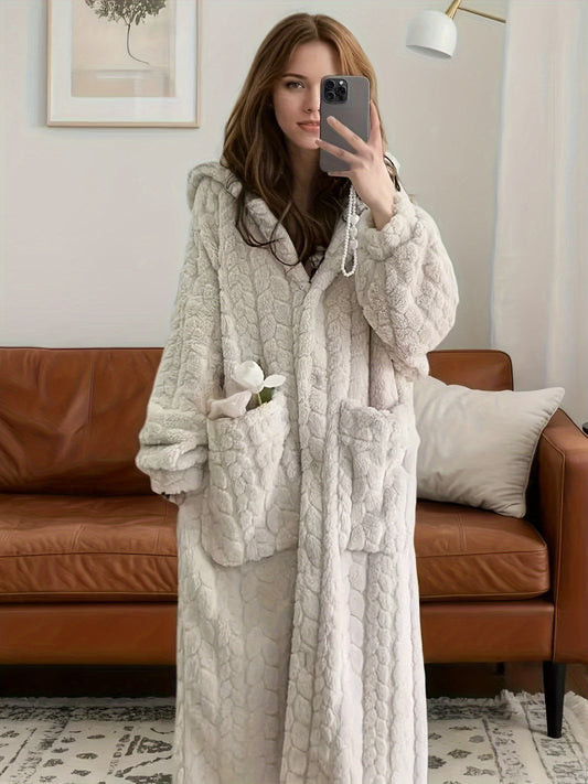 New Autumn And Winter Women's Hooded Coral Pajamas, Thickened And Flannel Home Sleep Dress, Bathrobe, Long Cute Sweet Home Wear Lazy Women's Robe, Can Be Worn Outside As Home Wear, Thickened Long Hooded Winter Robe for Women