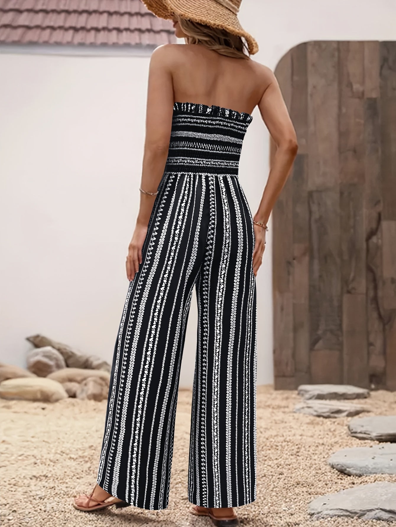 Women's Strapless Striped Jumpsuit, Black White Smocked Tube Top Wide Leg Jumpsuit, Casual Loose Summer Romper for Vacation & Daily Wear