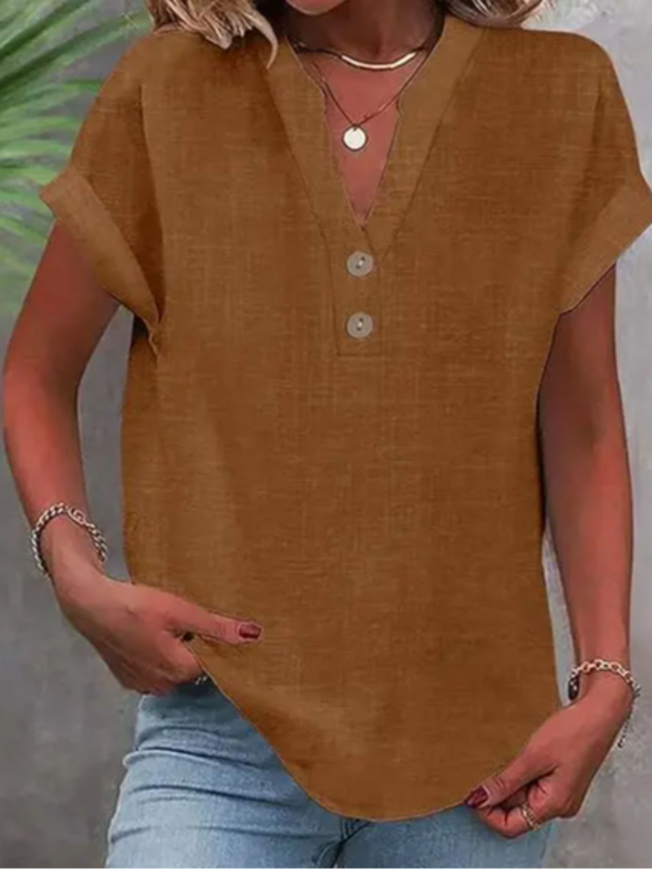 ZOELNIC Women's V-Neck Button-Front Placket T-Shirts - Short Sleeve Casual Summer Tops, Breathable Daily Wear Shirts Suitable for Spring/Summer, Solid Color Casual Wear, Machine Washable (No)