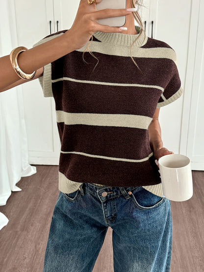 Women'S Striped Sweater - Fall/Winter Cozy, Short Sleeve, Trendy Chic, Breathable Knitwear, Ideal for Casual Fridays, Coffee Dates, Outdoor Gatherings