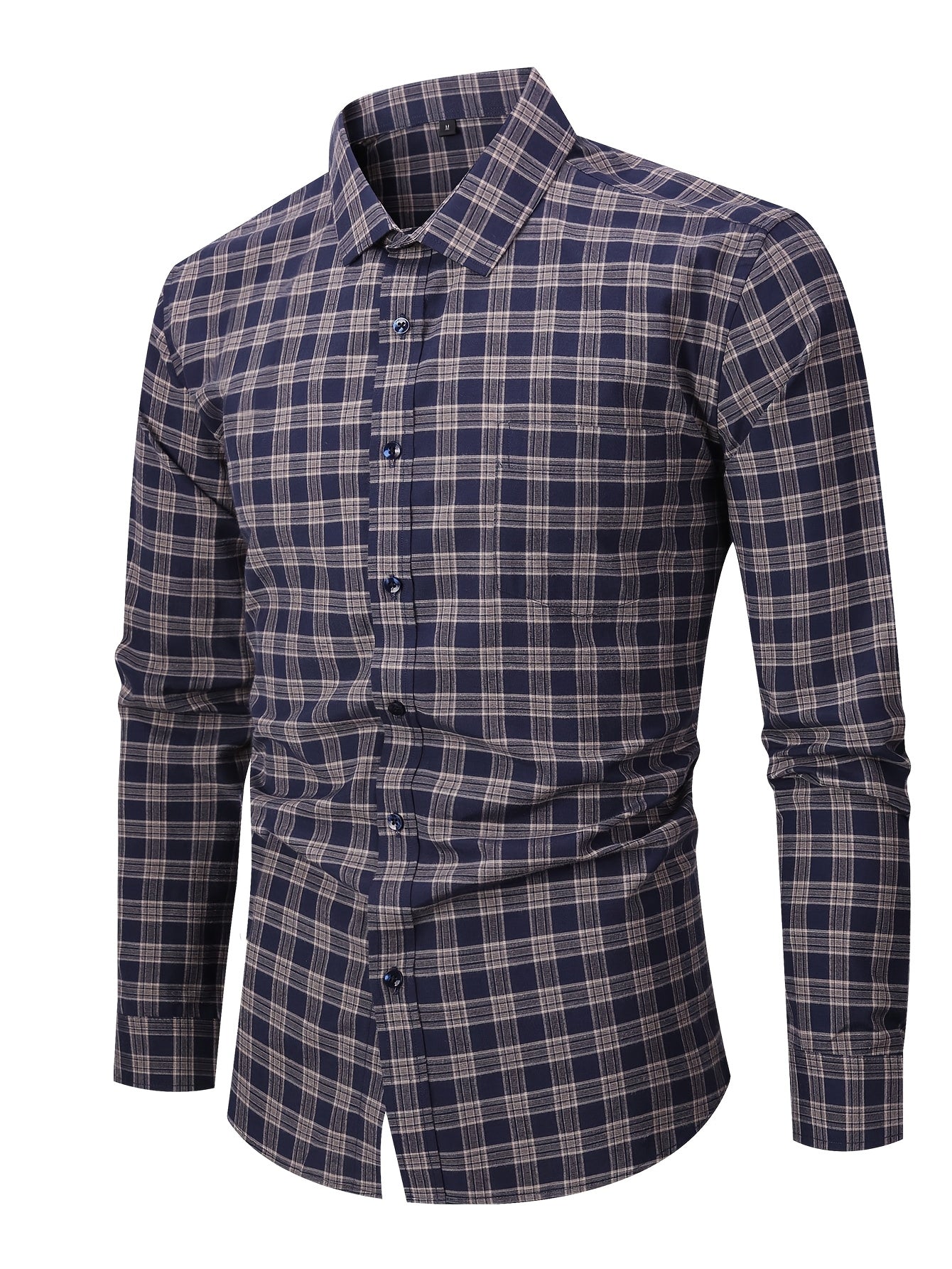 Men's Navy Blue & White Plaid Cotton Long-Sleeve Shirt - product view 37