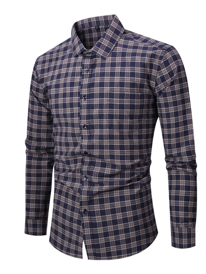 Men's Navy Blue & White Plaid Cotton Long-Sleeve Shirt - product view 37
