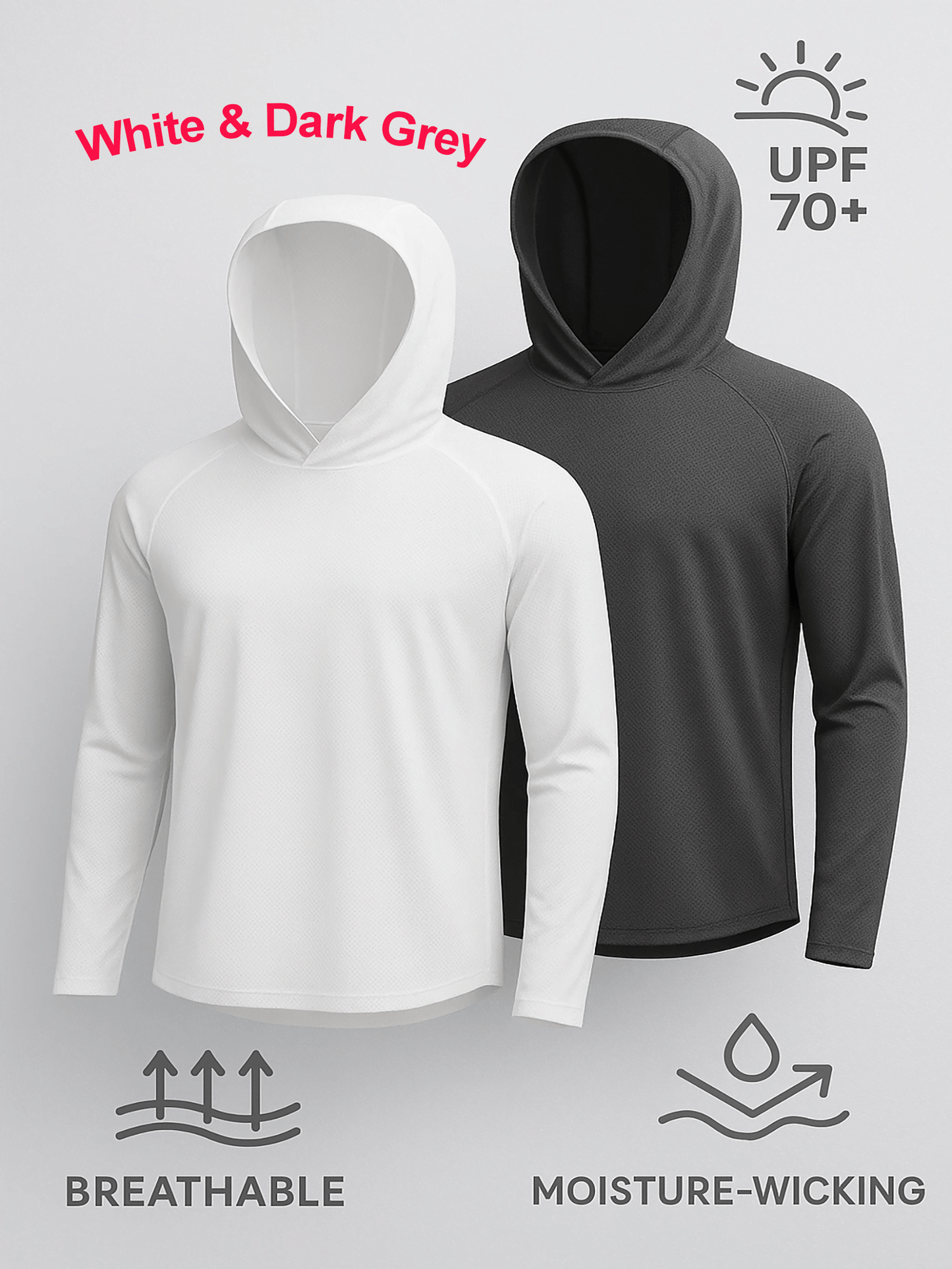 2 PACK Quick-Dry Long Sleeve with Hood Shirt – SPF 70+ Sun Protection, Lightweight & Breathable, Moisture-Wicking Outdoor Performance Top for Hiking, Fishing, Running, Beach