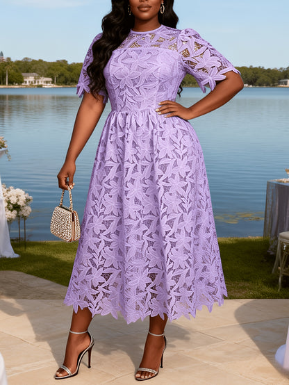 Plus Size - Plus Size - Plus Size Round Neck Lace Dress, Elegant Midi Length with Waist Definition, Formal Banquet And Evening Gown