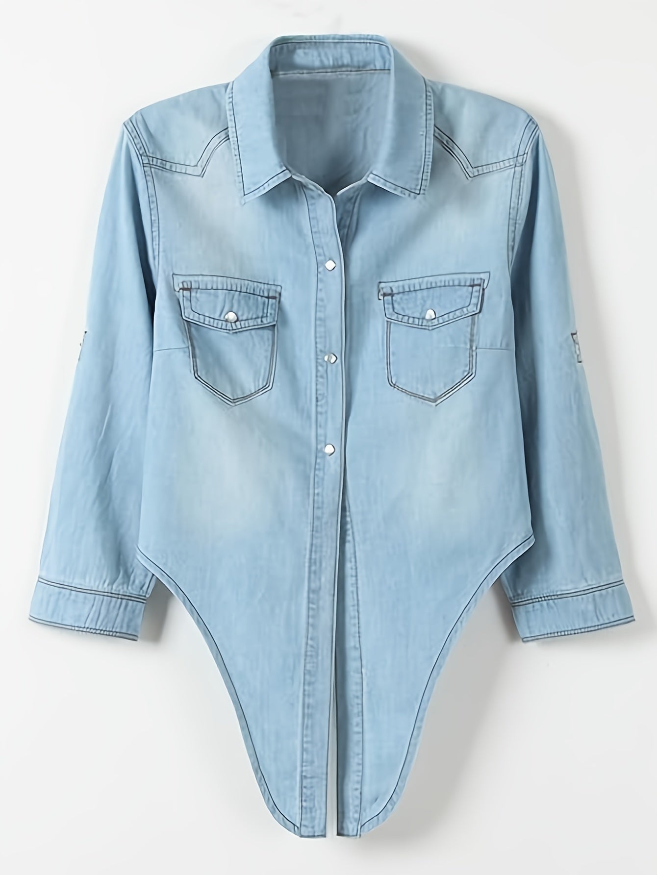 [Denim Crop Top] Chambray Denim Women's Crop Top | Roll Up 3/4 Sleeve Tie Front Knot Shirt