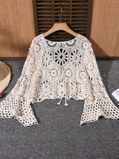 Bohemian-Style Cardigan with a Hollow V-Neck And Bell Sleeves, Featuring Ties, Perfect for Spring And Summer