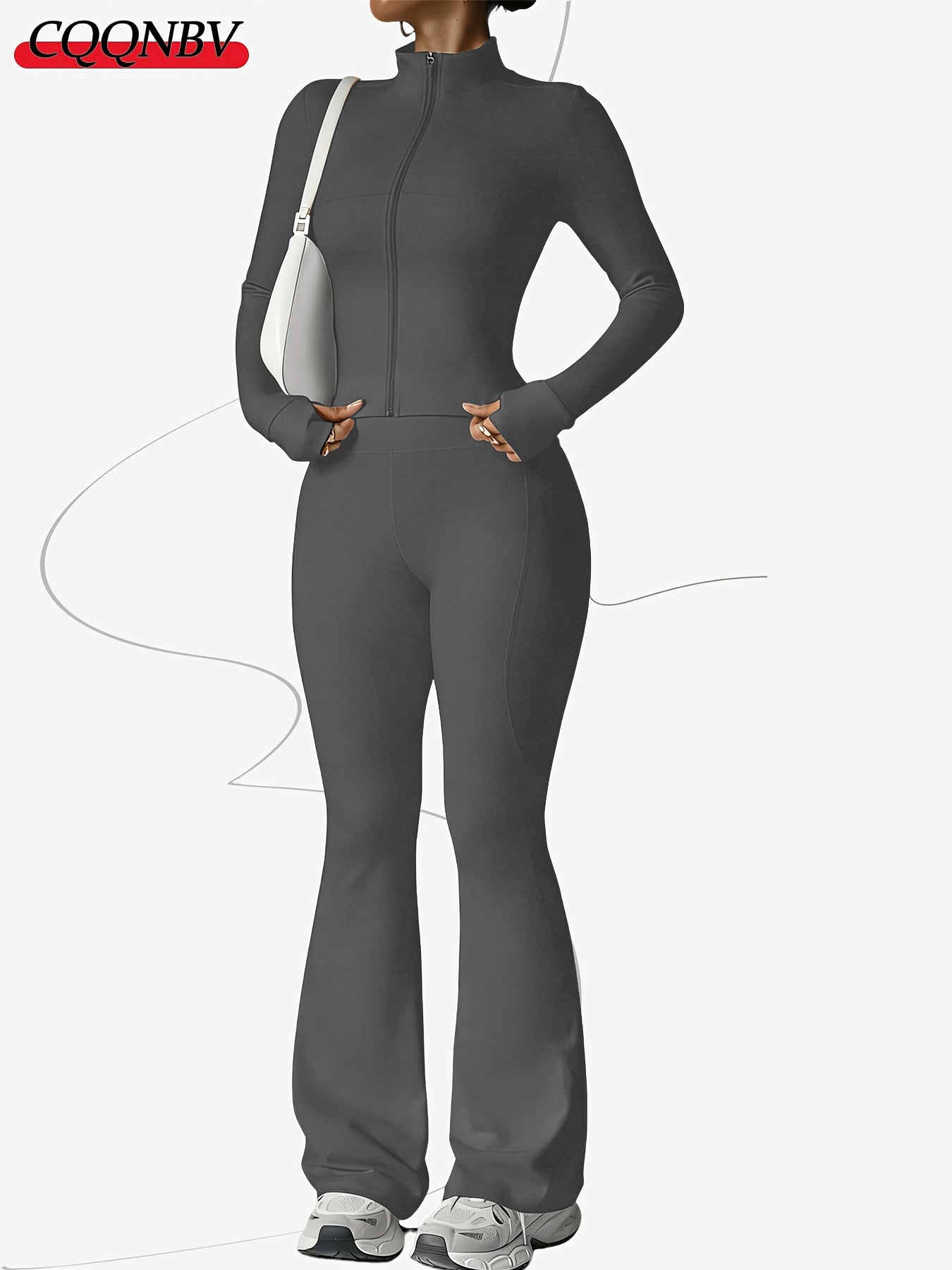 Zippered Long-sleeved Top with Flared Pants Set - Fashionable And Elegant Women's Outfit for Daily Casual Wear, And S. Available In Black, Gray And Beige Colors. Women's Tight Casual Outdoor Attire.