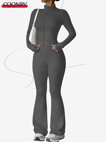 Zippered Long-sleeved Top with Flared Pants Set - Fashionable And Elegant Women's Outfit for Daily Casual Wear, And S. Available In Black, Gray And Beige Colors. Women's Tight Casual Outdoor Attire.
