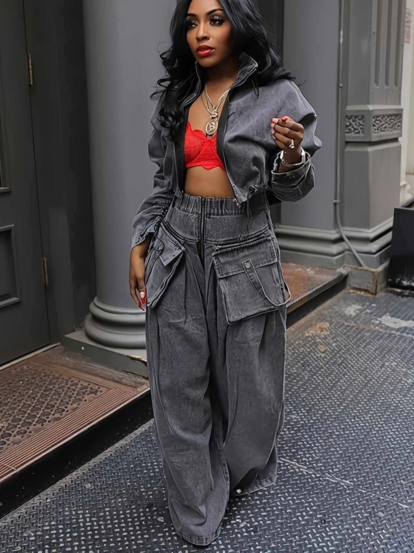 Womens Two Piece Sets Denim Outfit Ruched Long Sleeve Zip Up Cropped Jean Jacket Wide Leg Pants Chic Set
