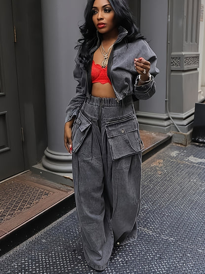Womens Two Piece Sets Denim Outfit Ruched Long Sleeve Zip Up Cropped Jean Jacket Wide Leg Pants Chic Set
