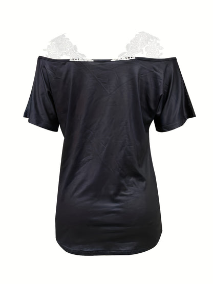 Spring And Summer New Flower Print V-neck T-shirt Lace Lace Casual Off-shoulder Short-sleeved Top