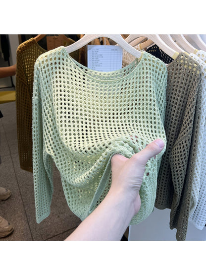 1pc, Hollow Round Neck Loose Sweater, Sunscreen/Commuting, Women Who Prefer Loose Casual Style, Women'S Top, Shoulder Sleeves And Loose Version, Versatile Sunscreen Blouse