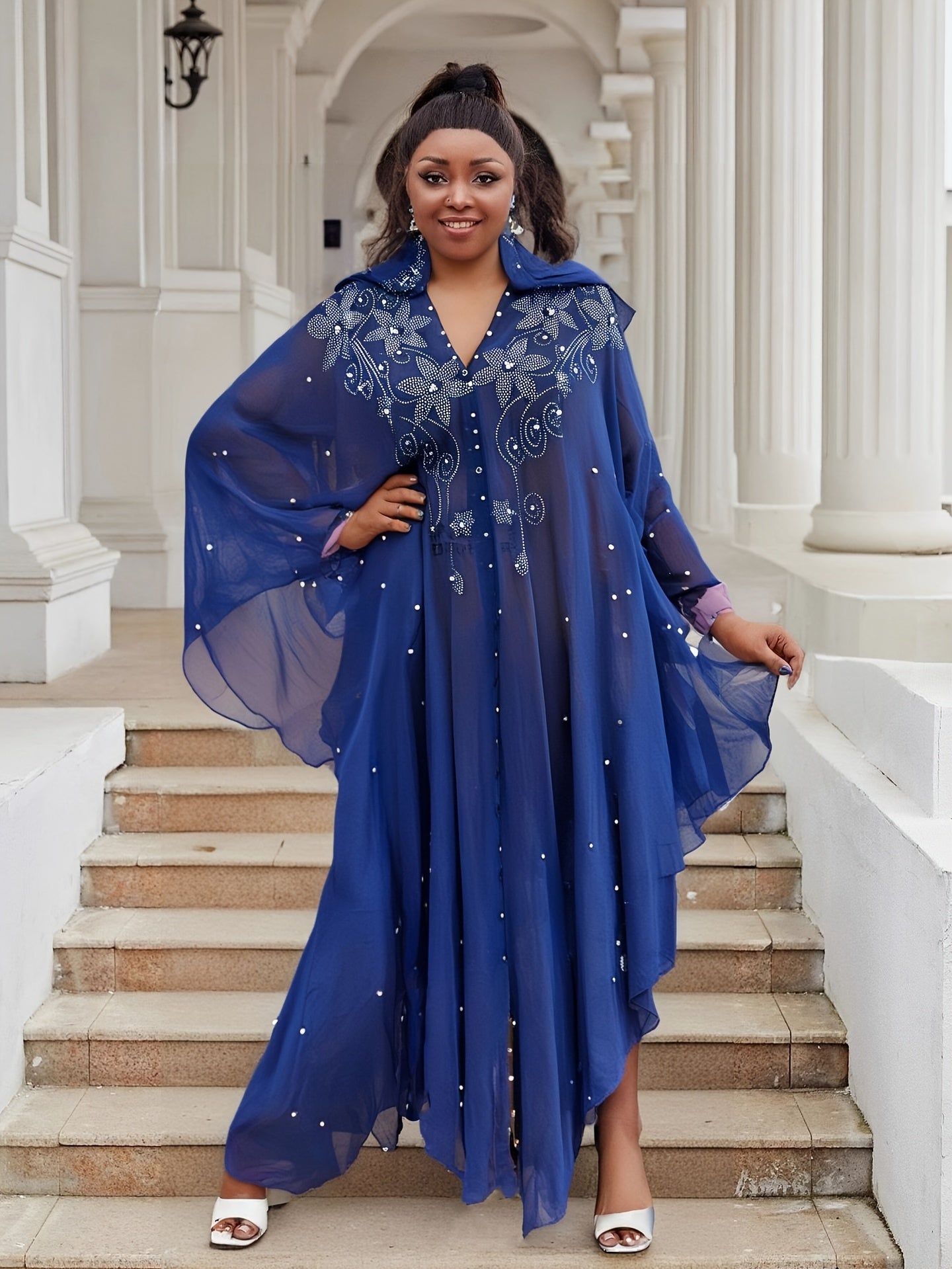 Chic Rhinestone Wrap for Women Featuring Trumpet Sleeves - A Loose-Fitting Long Cape Inspired by Middle Eastern Styles, Adorned with Semi-Sheer Pearls And Crystals, with a Split Hem Perfect for Summer Weddings And Formal Occasions