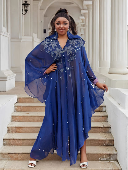Chic Rhinestone Wrap for Women Featuring Trumpet Sleeves - A Loose-Fitting Long Cape Inspired by Middle Eastern Styles, Adorned with Semi-Sheer Pearls And Crystals, with a Split Hem Perfect for Summer Weddings And Formal Occasions