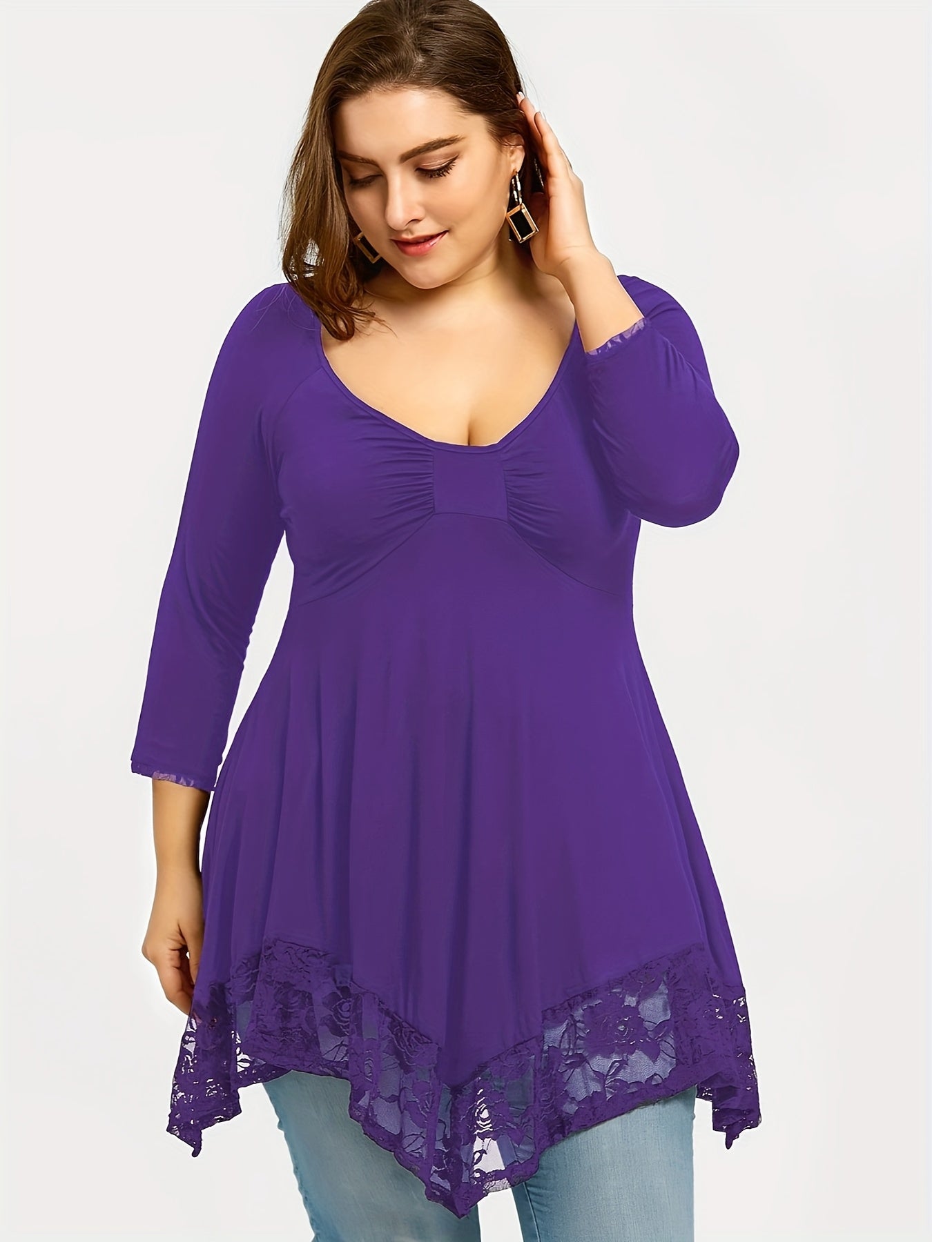 Plus Size - Plus Size - Floral Jacquard Lace Top in Plus Size - Stylish Contrast Edging, Round Neckline, Long Sleeves - Elegant Solid Tops for Curvy Women for Easy Fashion