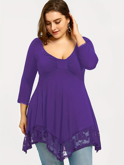 Plus Size - Plus Size - Floral Jacquard Lace Top in Plus Size - Stylish Contrast Edging, Round Neckline, Long Sleeves - Elegant Solid Tops for Curvy Women for Easy Fashion
