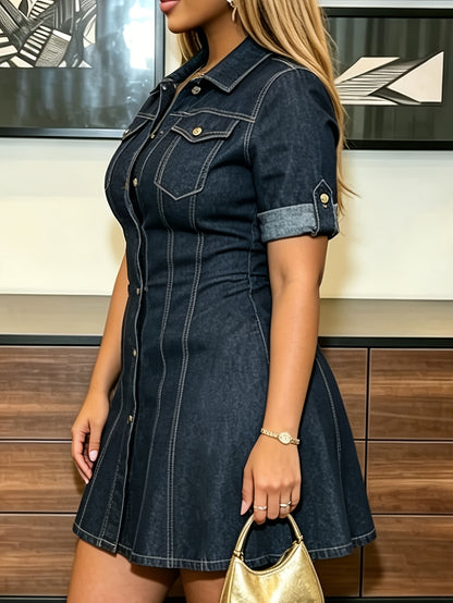 American-Style Hot Fashion Trendy Dark Blue Single-Button Denim Dress for Ladies. New Style Three-Dimensional Patchwork Fitted And Waist-Shrinking A-Line Denim Skirt. Elegant Suit Collar Rolled-Edge Short-Sleeved Design