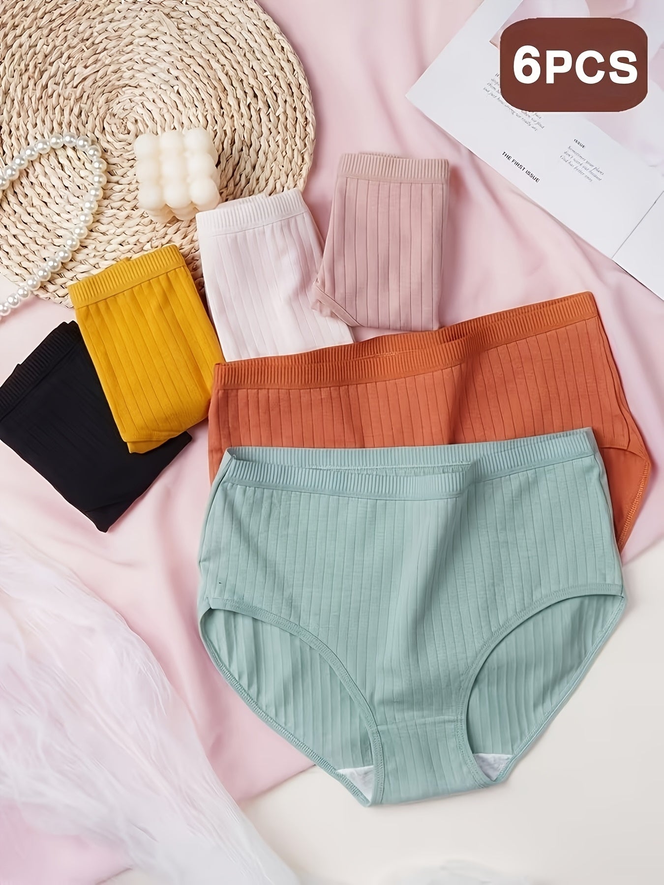 6pcs, Women'S Ribbed Underwear, Soft And Breathable Mid Waist Triangle Pants, Multiple Colors, High Waist Solid Color Simple Women'S Underwear, Breathable And Elastic Close Fitting Women'S Underwear