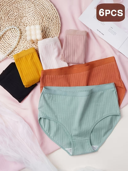 6pcs, Women'S Ribbed Underwear, Soft And Breathable Mid Waist Triangle Pants, Multiple Colors, High Waist Solid Color Simple Women'S Underwear, Breathable And Elastic Close Fitting Women'S Underwear