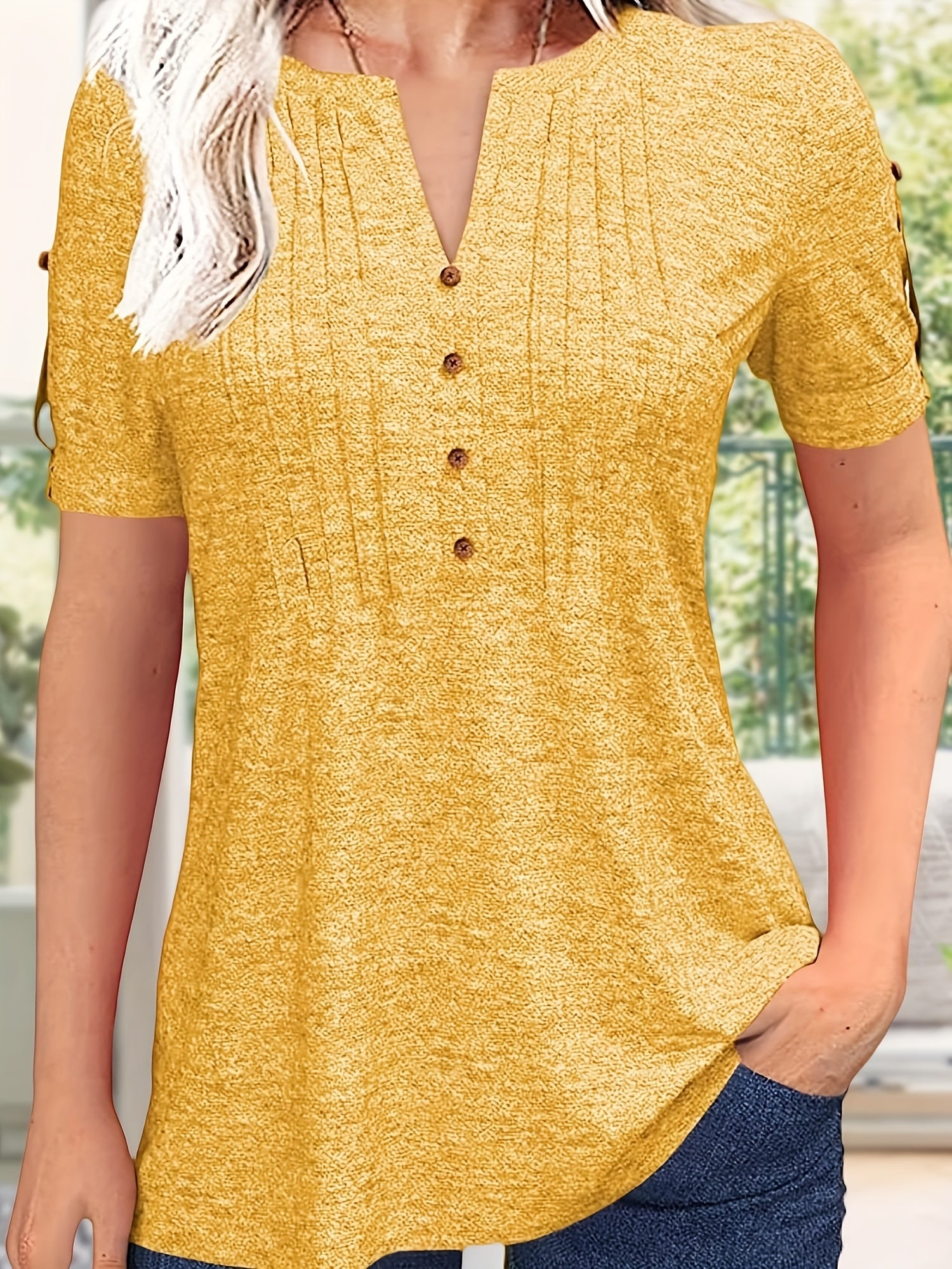 Women's Green Viscose V-Neck Pleated T-Shirt - product view 24