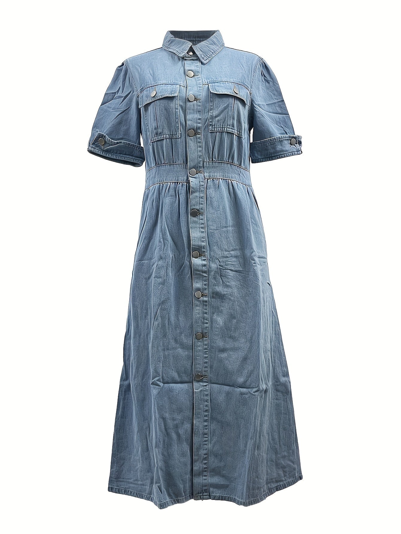 Women's waist a-line Jean Dress Row button V-neck dress