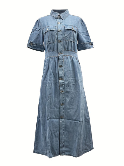Women's waist a-line Jean Dress Row button V-neck dress