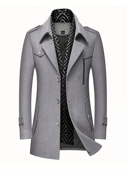 Men'S Wool Blend Coat with Detachable Soft Scarf Notched Collar Single Breasted Overcoat