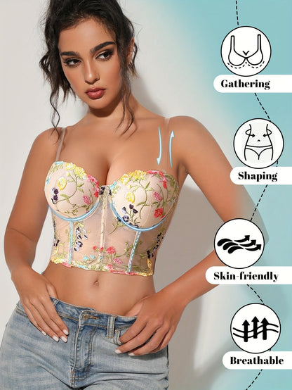 Elegant Floral Lace Push-Up Bra for Women - Underwire Support, Non-Removable Pads, Beige with Vibrant Floral Embroidery, Comfortable & Stylish Lingerie, Hand Wash Only, Durable Underwire