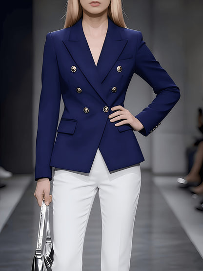 KIMKING 2026 Women's New Navy Blue Double-Breasted Waist-Cinching Slim-Fit Blazer for Workplace Commuting, Business Meetings, and Formal Events, Elegant and Graceful, Sizes S-XXL