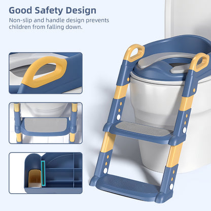 Foldable Potty Training Seat with Steps - Adjustable Height and Soft Cushion