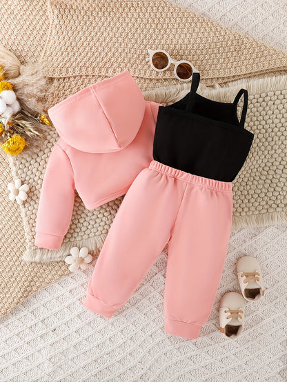 3pcs Layette Set for Youngsters - "Mama's Girl" Pink Hoodie, Cami Top & Jogger Pants with Drawstring Waist, Casual Knit Fabric Outfit for Fall/Winter, Casual Wear|Playful Design|Stretchy Materia, for Outdoor, Perfect for Outdoor