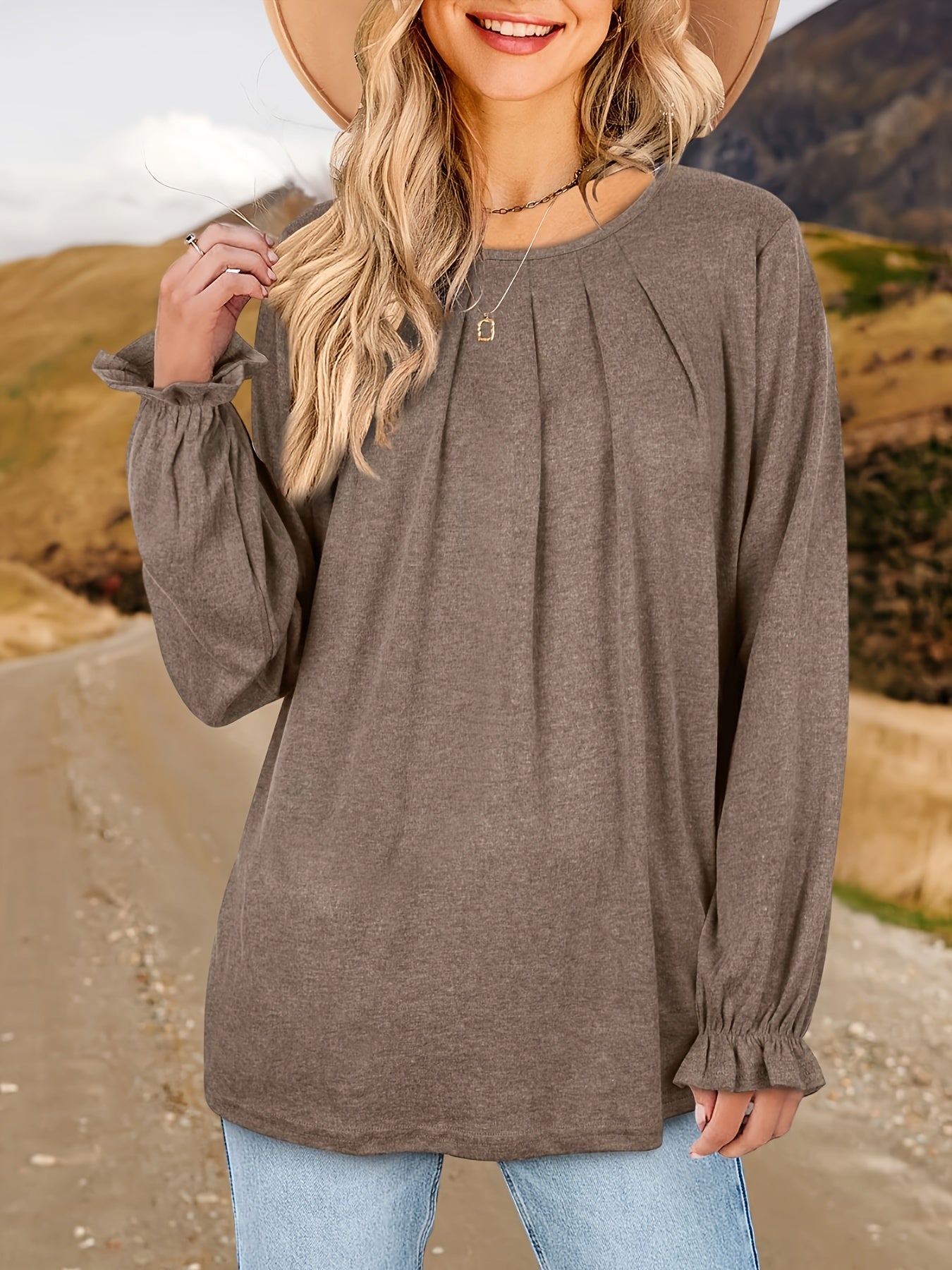 Womens Tops Dressy Casual Pleated Ruffle Long Sleeve Shirts Loose Fitting Blouses Tunic Tops
