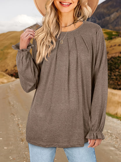 Womens Tops Dressy Casual Pleated Ruffle Long Sleeve Shirts Loose Fitting Blouses Tunic Tops